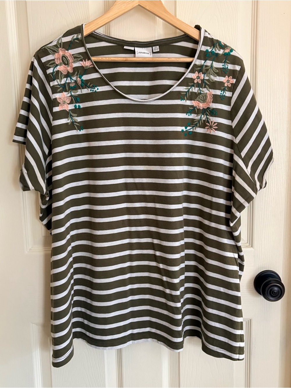 Junarose Olive & White Striped Crewneck Top with Floral Embroidery 3X